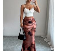 Jupe plissée à taille haute ajustée, imprimé vintage tie-dye, ourlet en queue de poisson. Design élégant et chic, polyvalente pour les femmes, convient pour la rentrée scolaire, le printemps/l'automne