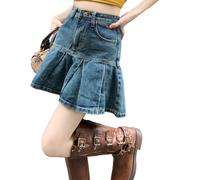 Jupe Plissée en Jean Vintage pour Femmes 2023 Été Nouveau Corset Taille Haute Solide Y2k Jupe en Jean Dames Tenue de Festival Femmes-Bleu-M