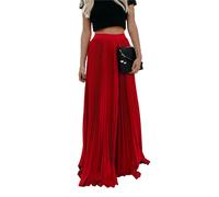 Jupe PlisséE en Mousseline à Taille Haute pour Femmes Jupe DéContractéE Fluide Et Solide Jupe Longue éVaséE à Taille éLastique (Rouge,XL)