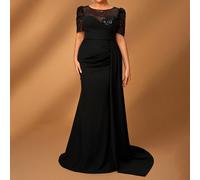 Jupe plissée en tricot élastique noire avec broderie de sequins élégante et luxueuse, avec volants sur les côtés et manches courtes. Convient pour les événements de mariage, les enterrements de vie de