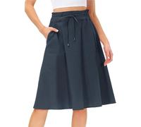 Jupe Plissée Summer Knee Length Skirt Women Ruffled High Waist A-Line Skirts Pockets Pleated Dress(Blue,XX-Large)