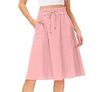 Jupe Plissée Summer Knee Length Skirt Women Ruffled High Waist A-Line Skirts Pockets Pleated Dress(Pink,XX-Large)