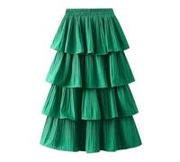 Jupe Plissée Women Skirt Set Tiered Pleated High Waist Skirts Lady Casual Dress Female Solid Clothes(Green)