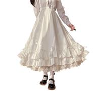 Jupe Plissée Women's Ruffles Hem Bowknot A-Line Skirt Princess Layer High Waist Lace Skirts(White,M)