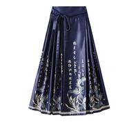Jupe Plissée Womens Skirt Flower Print Pleated Tie Up A-Line Long Swing Skirts Clothing(Blue 2)