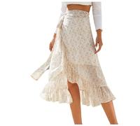 Jupe portefeuille Boho pour femmes, imprimé Floral, taille haute, jupe d'été asymétrique à volants, jupe de plage, ligne A, jupe mi-longue en mousseline de soie Jupe Tailleur Et Gilet (Yellow, M)