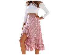Jupe portefeuille Boho pour femmes, imprimé Floral, taille haute, jupe d'été asymétrique à volants, jupe de plage, ligne A, jupe mi-longue en mousseline de soie Jupe Tailleur Et Gilet (Pink, S)