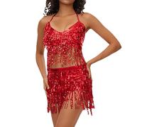 Jupe pour femme, avec boucle plissée, en coton, pour la danse ; avec détails de design, y compris le ventre, foulard, frange, bas séparé définie de la taille à l'ourlet, Rouge, Taille unique