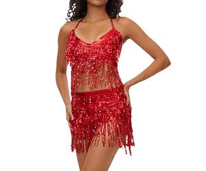 Jupe pour femme, avec boucle plissée, en coton, pour la danse ; avec détails de design, y compris le ventre, foulard, frange, bas séparé définie de la taille à l'ourlet, Rouge, Taille unique