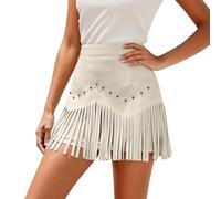 Jupe pour femme, avec crochet et œillet plat sur le devant, en polyester, pour un usage quotidien ; avec détails de design, y compris une fausse jupe cloutée et des franges fluides, bas séparé défini