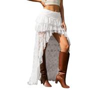 Jupe pour femme, avec mini-boucle plissée, en dentelle, pour une tenue décontractée ; avec détails de conception y compris jupe en dentelle ourlet asymétrique mini plissé séparé bas défini, blanc, S