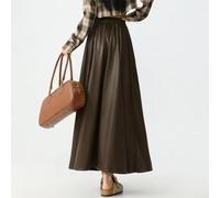 Jupe pour femme PU Taille Haute Élastique pour midi A-Line Jupe | PU pour premium souple, taille haute élastique, coupe A-line flatteuse pour toutes silhouettes(Coffee XL)