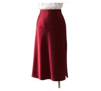 Jupe Satin Jupes mi-Longues Noires for Femmes, élégantes, en Soie, Couleur Unie, Satin, avec Fente latérale(Red,XL)