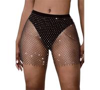Jupe Scintillante pour Femmes, Creux de Diamant en Maille Sexy Noir, Mini-Jupe Cloutée en Strass pour Tenue Rave du Club de Festival, Bikini Couvre en Noir