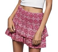 Jupe sexy confortable pour femme - Légèrement lâche - Respirant - Avec motif floral - Mini jupe d'été bohème - Jupe courte en coton - Jupe de loisirs - Taille haute - Confortable, Rose, S