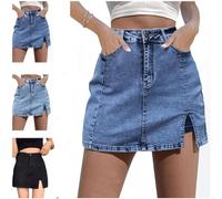Jupe-Short en Jean pour Femme, Jupe en Jean Extensible décontractée Taille Haute, Mini-Jupe en Jean Taille Haute avec Fente latérale et Short en Dessous (Blue,S)