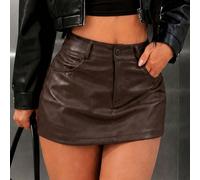 Jupe-short multifonctionnelle en PU zippé marron rétro sexy américain avec poches, convenant pour toutes les saisons, idéal pour les fêtes et les vacances d'été L,M,S,XL,XSUnicolorePolyuréthane