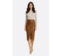 Jupe simili cuir camel portefeuille drapée midi femme Misciano souple toucher peau de pêche