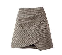Jupe Tendance Femme Décontractée Courte en Laine - Motif Pied-de-Poule, Automne/Hiver, Taille Fine, Trapèze Classique pour Adultes - Kaki, M