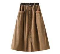 Jupe Trapèze en Velours Côtelé Femme Taille Haute Mi-Longue - Chic Et Élégant Boutonnée sur Le Devant avec Ceinture - Pailleté pour L'automne Et l'Hiver avec Poches