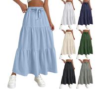 Jupe trapèze pour femme en lin et coton pour femme - Taille élastique - Jupe maxi unie ample décontractée à volants - Jupe d'été fluide - Taille haute - Robe évasée froncée pour femme - Midi, bleu