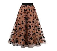 Jupe trapèze pour femme - Jupe longue plissée en tulle - Jupe taille haute - Jupe en maille - Imprimé cœur - Jupe évasée vintage - Jupe tutu en tulle - Jupe plissée superposée, 03#kaki, 36