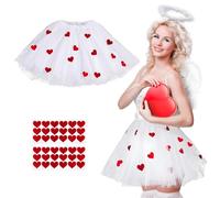 Jupe Tulle Blanche Jupe Courte Tutu Ballet Blanche et 36pcs Autocollants Coeur Rouge, pour Danse, Cosplay Ange Cupidon, Fêtes à Thème