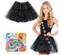 Jupe Tutu avec Paillettes Étoiles, Jupe Tulle avec 50pcs Autocollants Planètes, Princesse Robe de Danse de Ballet, Tutu Jupes Noir pour Femme Filles, Jupes Danse de Ballet pour Fete Carnaval Halloween