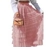 Jupe tutu longue Kawaii Preppy pour femme - Esthétique Fairycore - Ligne A - En maille - Taille élastique - Jupe longue superposée, rose, Taille M