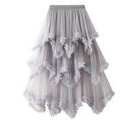 Jupe tutu pour femme - Jupe tutu mi-longue en maille - Jupe amincissante à l'avant - Courte à l'arrière - Longue queue d'aronde - Double couche - Maille bouffante - Demi-jupe crayon - Carnaval, gris