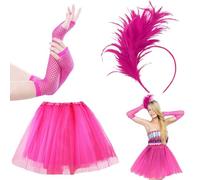 Jupe Tutu Rose Femme - Ensemble de Déguisement 80's, Fascinateur Plumes pour Femmes avec Bandeau et Gants en Gants longs en résille fluo, Parfait pour Fêtes Thématiques et Cosplay