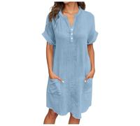 Jupe Vintage Femme Robe décontractée Femme col V Poches Pratiques boutonnées Coupe Fluide Printemps-été Confort Quotidien Couleur Pure Tenue légère élégante (Light Blue, L)