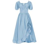 Jupe vintage victorienne pour femme - Manches courtes - Robe de soirée smockée - Taille A - Robe d'Halloween - Robe bohème - Costume maléfique, bleu clair, M