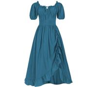 Jupe vintage victorienne pour femme - Manches courtes - Robe de soirée smockée - Taille A - Robe d'Halloween - Robe bohème - Costume maléfique, bleu foncé, L