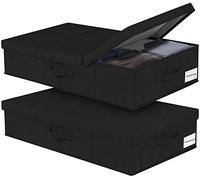 JUPELI Lot de 2 boîtes de rangement pliables noires - 15 cm de haut - Sous le lit - Avec couvercle et poignée - Pour couvertures, vêtements, couettes, jouets