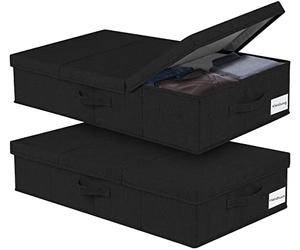 JUPELI Lot de 2 boîtes de rangement pliables noires - 15 cm de haut - Sous le lit - Avec couvercle et poignée - Pour couvertures, vêtements, couettes, jouets