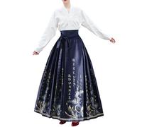 Jupes chinoises pour femmes - Jupe élégante visage de cheval vintage imprimé ethnique longue évasée plissée A-Line Jupe maxi traditionnelle Hanfu Vêtements, #4 - Bleu marine, taille unique
