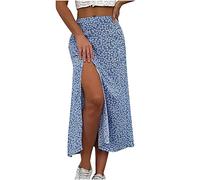 Jupes décontractées à imprimé floral pour femme - Taille haute - Ourlet fendu - Jupe évasée d'été fluide - Jupe maxi midi fluide - Mes commandes des offres du jour 2025, noir foncé, S