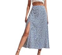 Jupes décontractées à imprimé floral pour femme - Taille haute - Ourlet fendu - Jupe évasée d'été fluide - Jupe maxi midi fluide - Mes commandes des offres du jour 2025, bleu clair, L