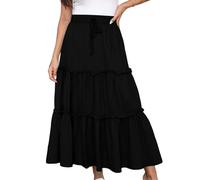 Jupes d'été mi-longues pour femmes, jupe longue froncée de couleur unie avec cordon de serrage, robe flottante confortable en coton et lin, taille haute, jupe à volants élastique, jupe bohème