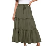 Jupes d'été mi-longues pour femmes, jupe longue froncée de couleur unie avec cordon de serrage, robe flottante confortable en coton et lin, taille haute, jupe à volants élastique, jupe bohème