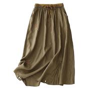 Jupes en coton lin pour femmes UK été taille haute élastique ample coupe A midi jupe broderie élégante décontractée simple bureau travail basique fête jupes pour vacances sortie bohème, kaki, L