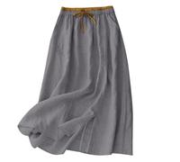 Jupes en lin pour femme, taille haute, élastique, ample, jupe midi avec fente latérale, broderie élégante, décontractée, bureau, travail, fête basique pour les vacances, les sorties, gris, L