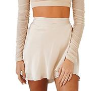 Jupes en mousseline de soie pour femme - Mini jupe trapèze taille élastique - Jupe courte d'été de couleur unie - Jupe extensible taille haute - Jupe crayon décontractée - Vêtements d'été, beige, M