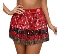 Jupes Femme Chic Déguisement Carnaval,Courte de Danse Orientale Glamour Punk à Franges et Sequins,avec Ceinture et Foulard à la Taille,Style bohème,idéale la scène et Le Fitness. (Red,One Size)