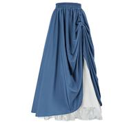 Jupes longues maxi victoriennes gothiques rétro à taille élastique pour femmes Halloween Noël avec ourlet en dentelle à volants superposées steampunk gothique vintage, bleu, 36