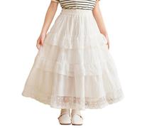 Jupes longues pour filles taille haute élastique jupes longues unies coupe trapèze ample et décontractée jupe d'été fluide à volants demoiselle d'honneur 130, 6-7 ans, blanc, Blanc Dentelle Ourlet
