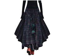 Jupes maxi à carreaux pour femme Renaissance tartan réglable avec ceinture à nouer irrégulière, vintage, élastique, taille haute, trapèze, jupe longue, grande taille S-5XL, Vert, S