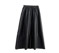 Jupes mi-longues d'hiver en similicuir PU patchwork taille haute élégantes A-Line jupes poches femmes jupes solides, Noir , Taille unique