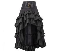 Jupes mignonnes pour femme médiévale rétro à l'avant courte arrière longue irrégulière bord à volants patchwork jupe gâteau demi-jupe cheveux longs perruque, Noir , S